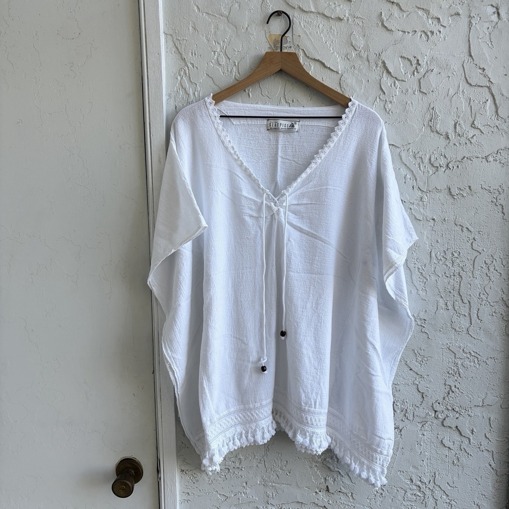 Seaspice Cover Up Womens Small White Peruvian Cotton Crochet Fringe Tunic Resort